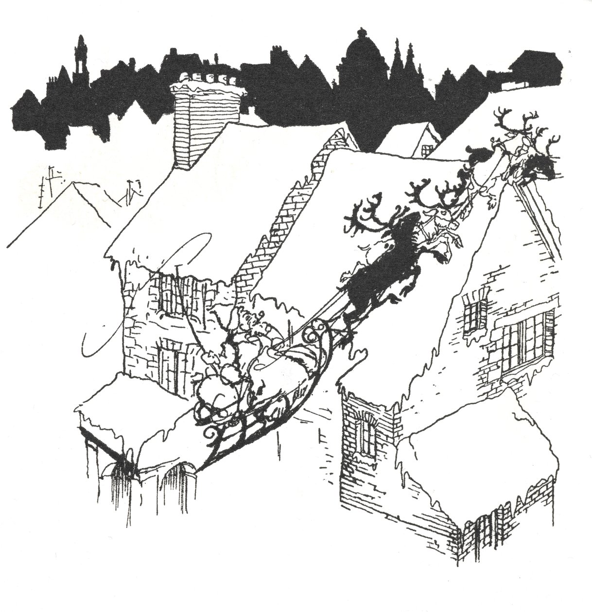 Kerstman in zijn slee vliegend over besneeuwde daken door Arthur Rackham
