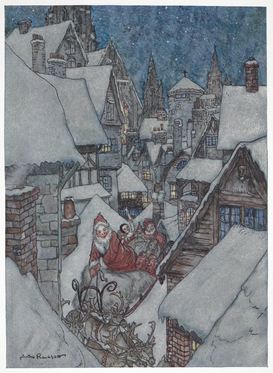 Kerstman die door besneeuwde straten reist op zijn slee door Arthur Rackham