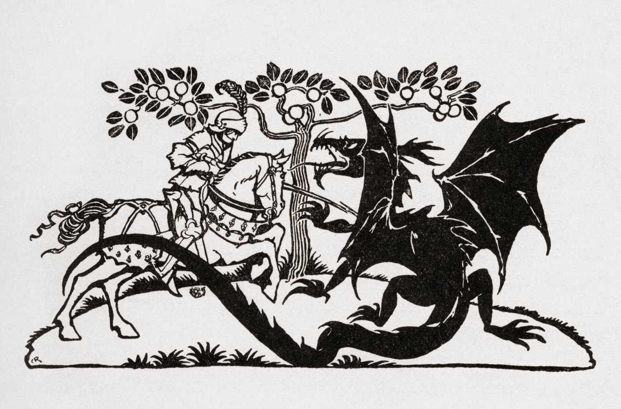 George en de draak. Uit het boek Engelse sprookjes herverteld door F.A. Steel met illustraties van Arthur Rackham, gepubliceerd 1927. door Arthur Rackham