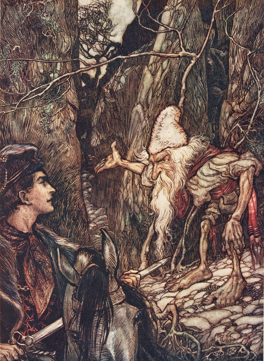Goede dwerg, kun je me niet vertellen waar mijn broers zijn? uit De Sprookjes van de Gebroeders Grimm, uitgegeven 1909 door Arthur Rackham