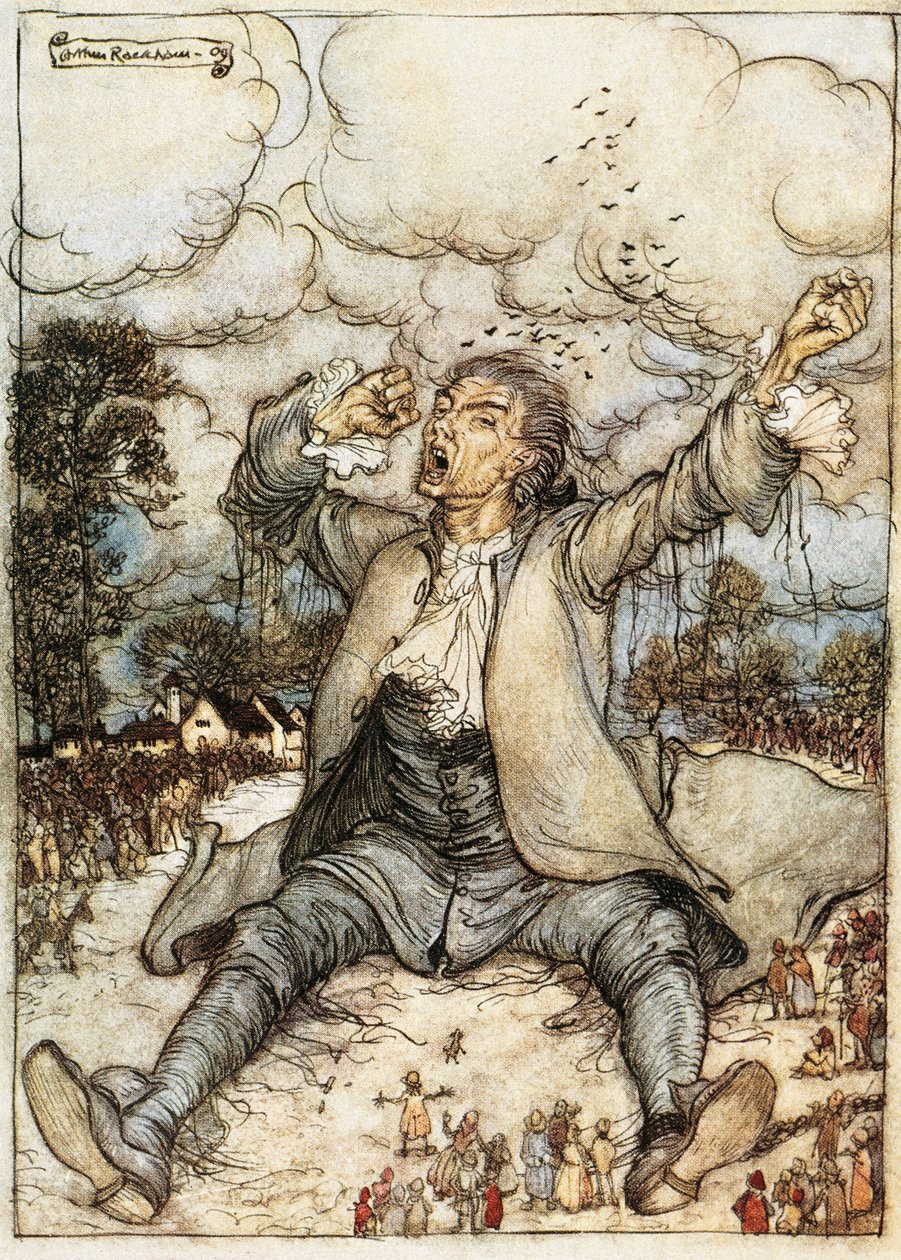 Gulliver ontwaakt in Lilliput, Illustratie uit Gulliver