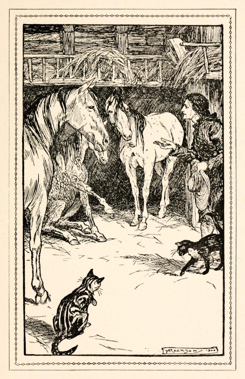 Gulliver heeft de eer om ondervraagd te worden door de gasten van zijn meester, uit Deel IV: Een reis naar het land van de Houyhnhnms in Gullivers Reizen door Jonathan Swift door Arthur Rackham