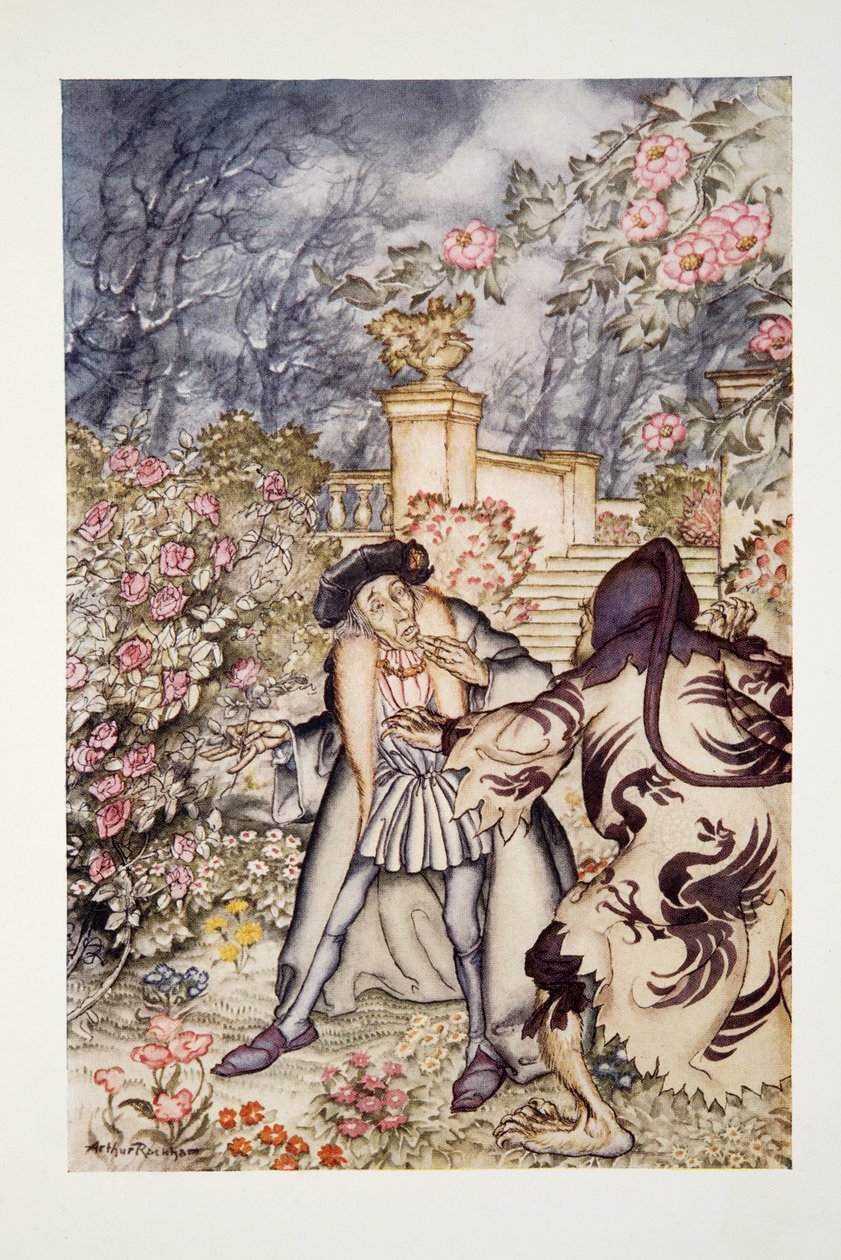 Hij hoorde een luid geluid en zag een beest op zich afkomen, zo angstaanjagend om te zien dat hij bijna flauwviel van angst, uit The Arthur Rackham Fairy Book, gepubliceerd 1933 door Arthur Rackham