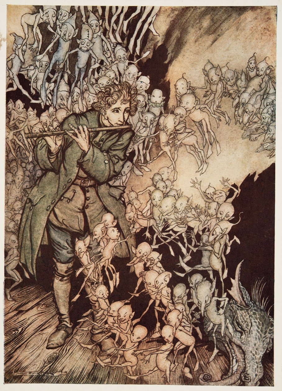 Hij speelde totdat de kamer volledig gevuld was met kabouters, uit Kleine Broer & Kleine Zus en Andere Verhalen door de Gebroeders Grimm, uitgegeven 1917 door Arthur Rackham