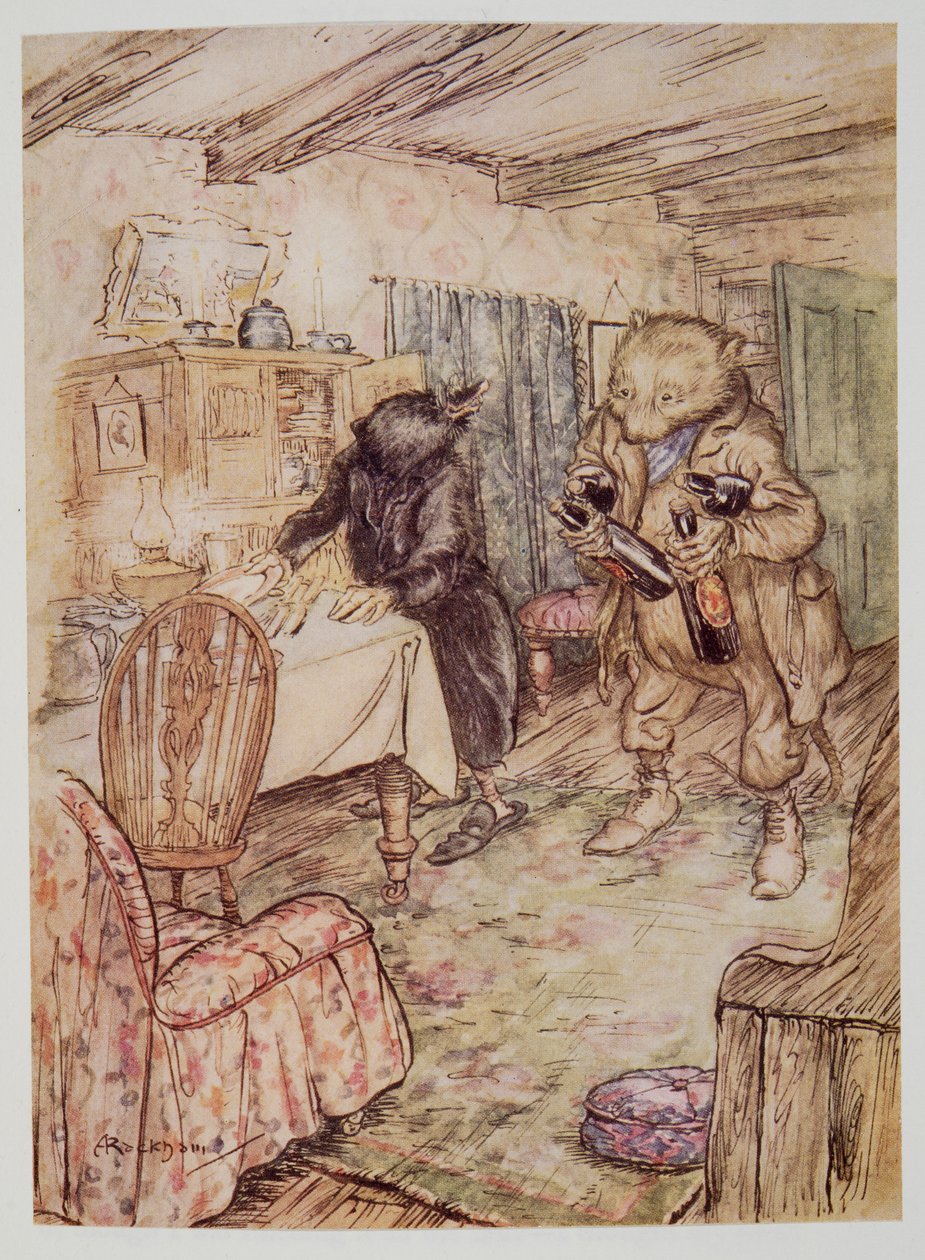 Hij verscheen al snel weer, enigszins stoffig, met een fles bier in elke poot en nog een onder elke arm, uit Wind in the Willows van Kenneth Grahame, pub. 1940 door Arthur Rackham