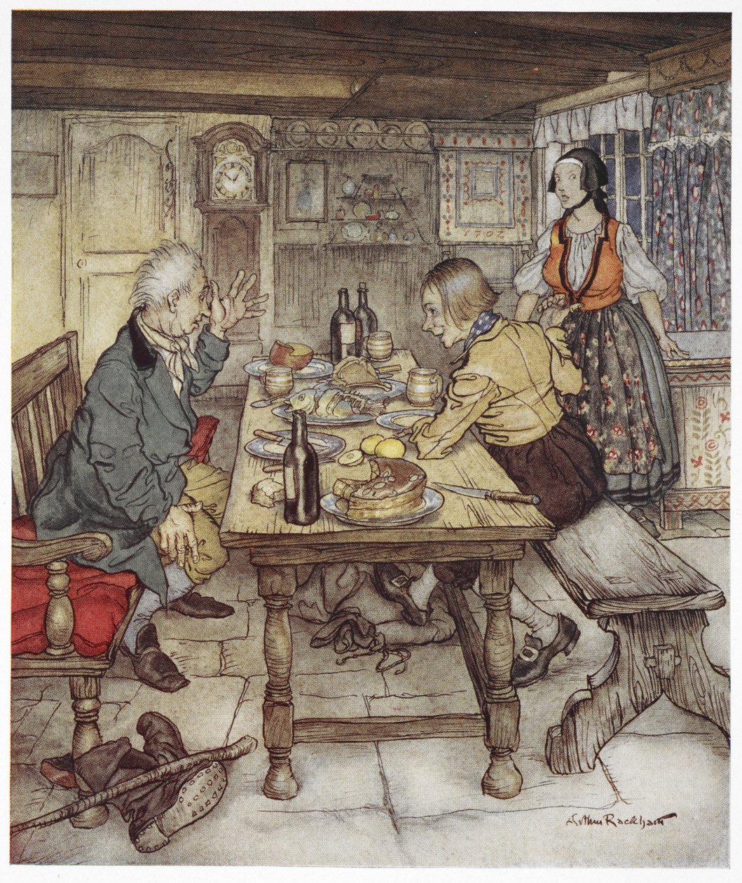 Hij zegt dat je de kist in de hoek mag openen en je zult de duivel erin zien hurken. Een boer en een man bekend als kleine Claus, zittend aan een tafel, terwijl de vrouw van de boer hen eten brengt. Illustratie voor 