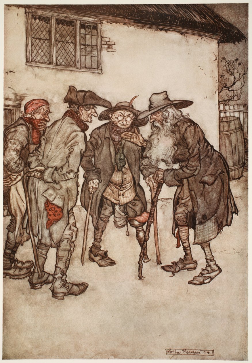 Hij vond al snel veel van zijn vroegere vrienden, hoewel ze allemaal nogal versleten waren door de tand des tijds., uit Rip Van Winkle door Washington Irving, pub. 1910 door Arthur Rackham