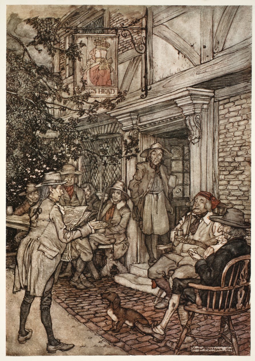 Hij troostte zichzelf door vaak een soort eeuwige club van wijzen, filosofen en andere luie personen te bezoeken, die zijn zittingen hield voor een kleine herberg., uit Rip Van Winkle door Washington Irving door Arthur Rackham