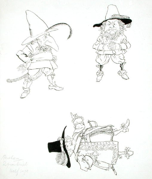 Hij was een forse oude heer, met een verweerd gezicht; hij droeg een met kant afgezet wambuis, brede riem en hanger, hoed met hoge kroon en veer, rode kousen en schoenen met hoge hakken, illustratie uit 