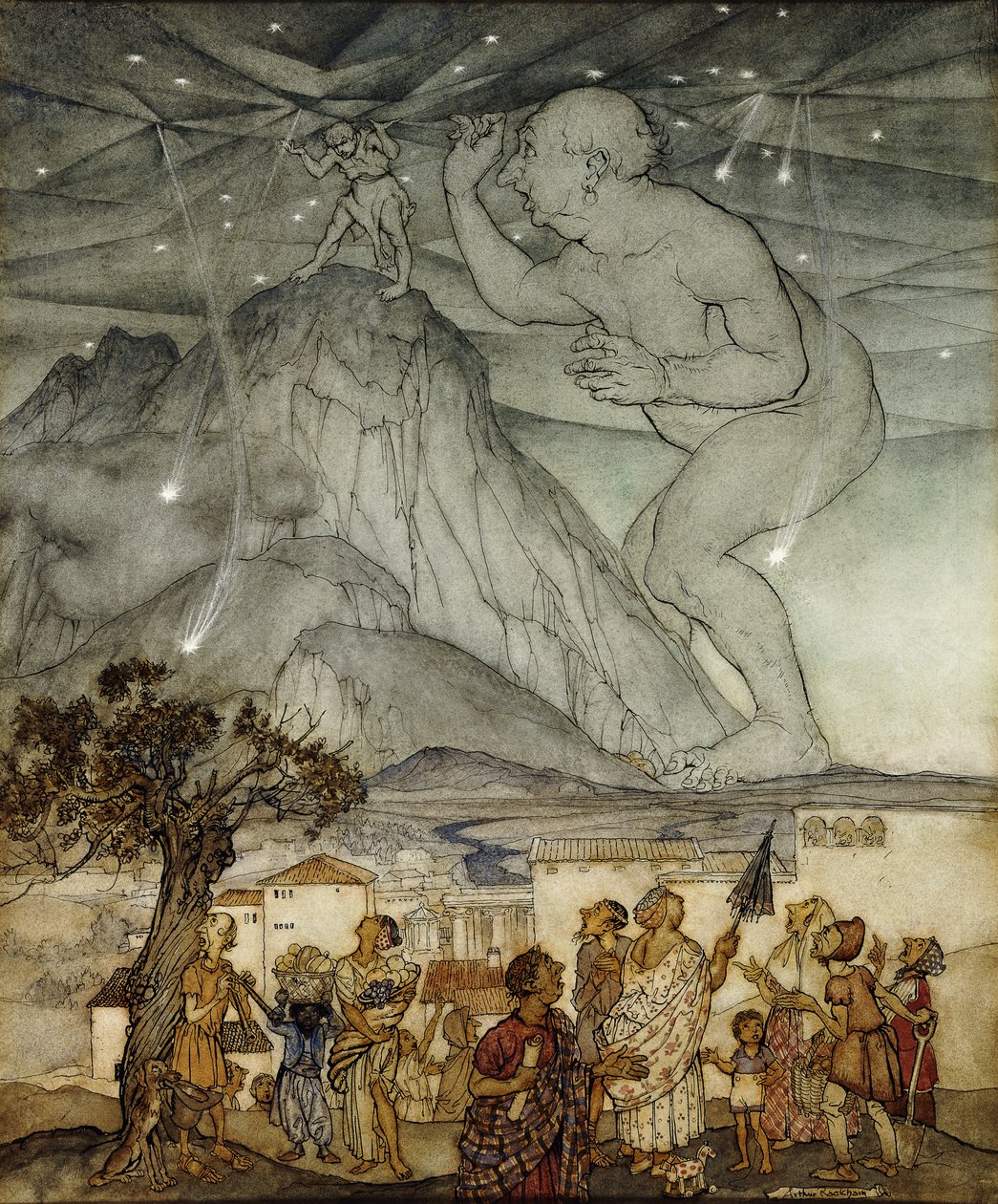 Hercules die de hemel ondersteunt in plaats van Atlas door Arthur Rackham