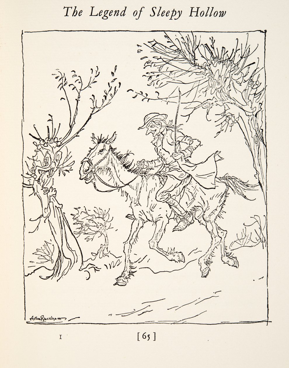 Ichabod Crane ontsnapt aan de ruiter zonder hoofd, uit De Legende van Sleepy Hollow door Washington Irving (1783 - 1859), pub. 1928 door Arthur Rackham