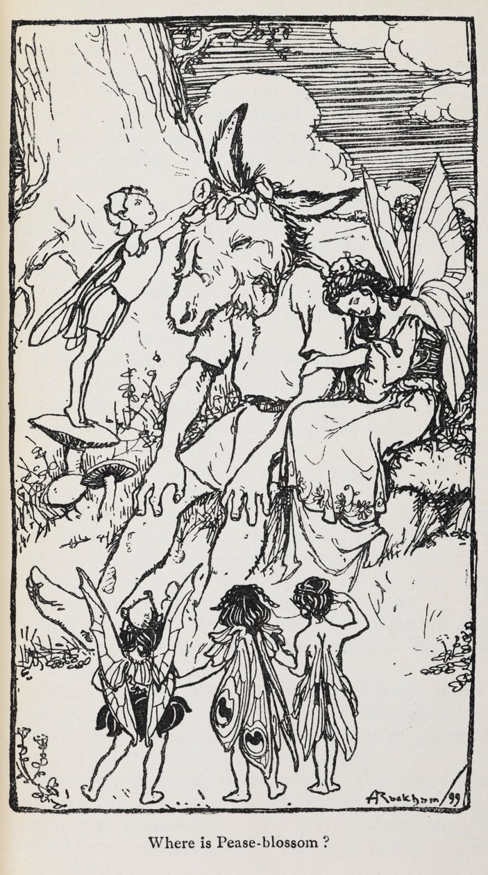 Illustratie uit Een Midzomernachtsdroom met feeën en een man met een ezelskop door Arthur Rackham