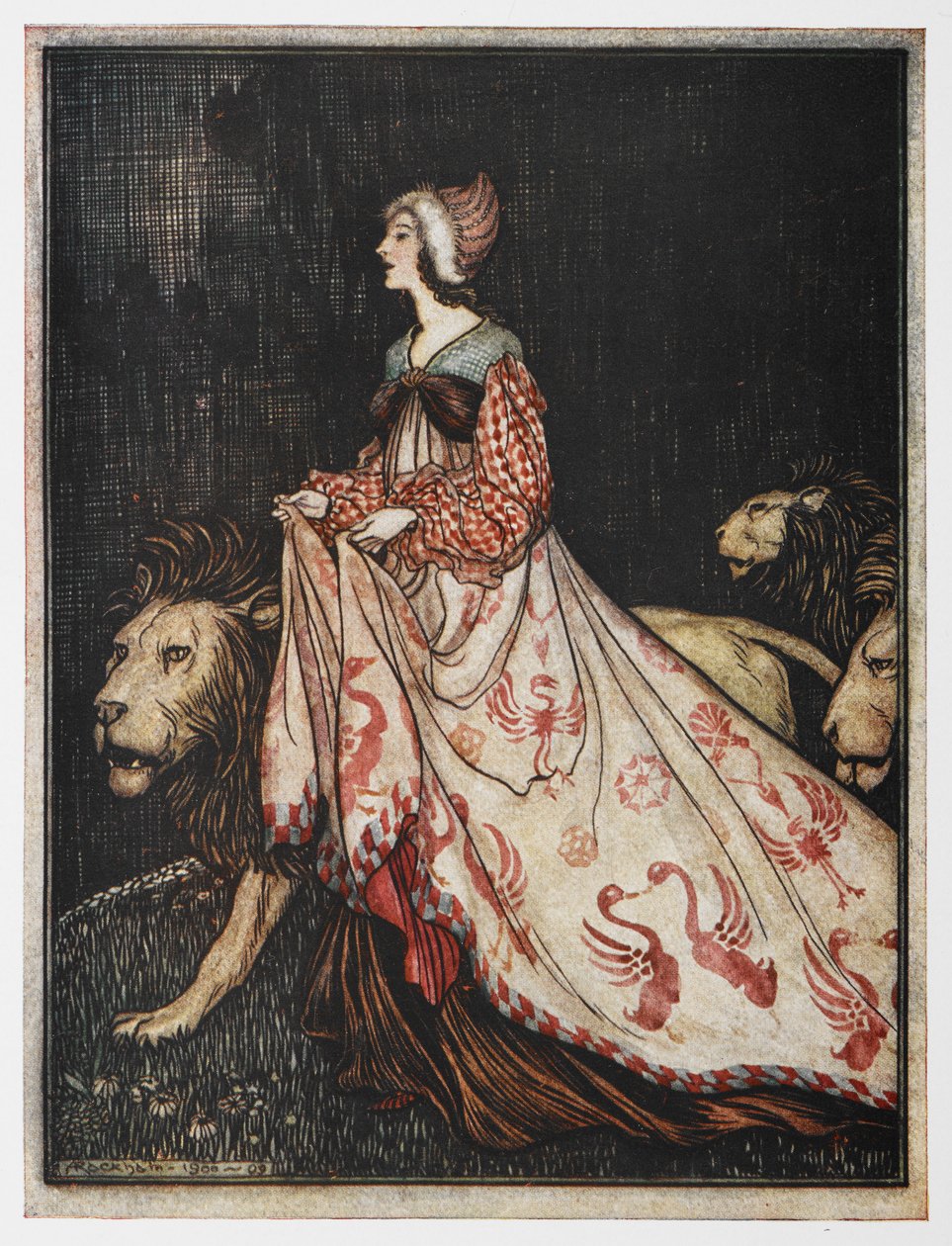 Illustratie uit De Dame en de Leeuw door Arthur Rackham