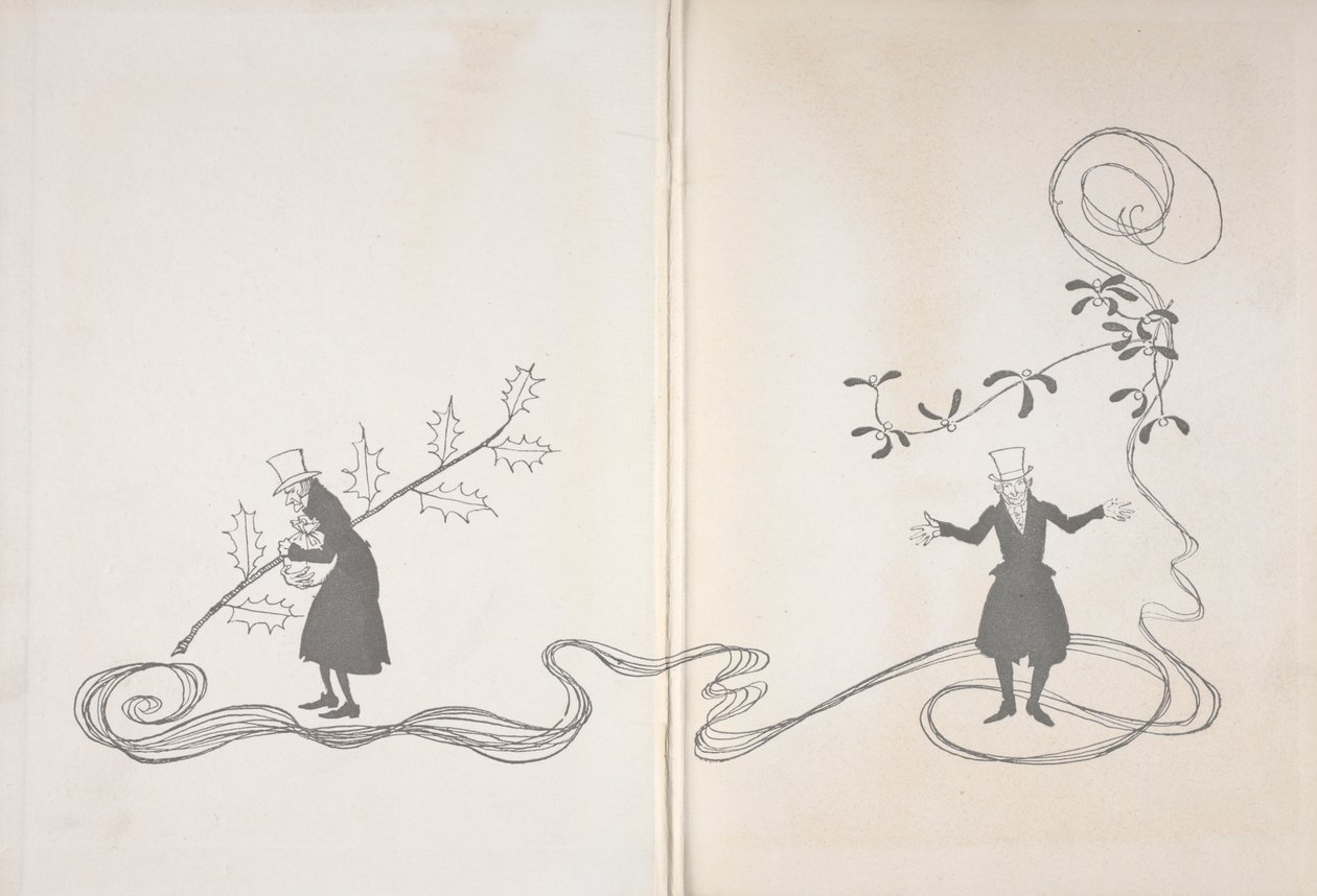 Illustratie van Scrooge. Aan de ene kant afgebeeld met een takje hulst, een zak geld vasthoudend en boos kijkend. Aan de andere kant afgebeeld met een takje maretak en gelukkig kijkend. door Arthur Rackham