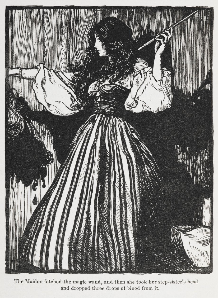 Illustratie van een meisje in een gestreepte jurk uit Lieveling Roland door Arthur Rackham