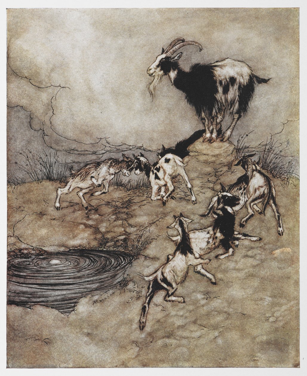 Illustratie van een geit en haar jonge kinderen die spelen uit De Wolf en de Zeven Geitjes door Arthur Rackham