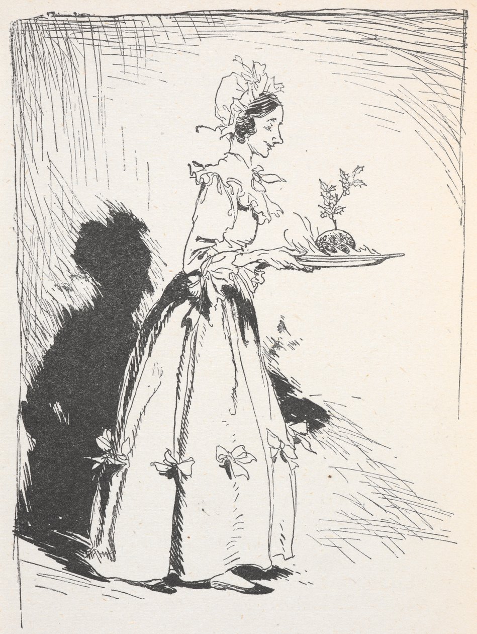 Illustratie van een vrouw die een kerstpudding draagt door Arthur Rackham