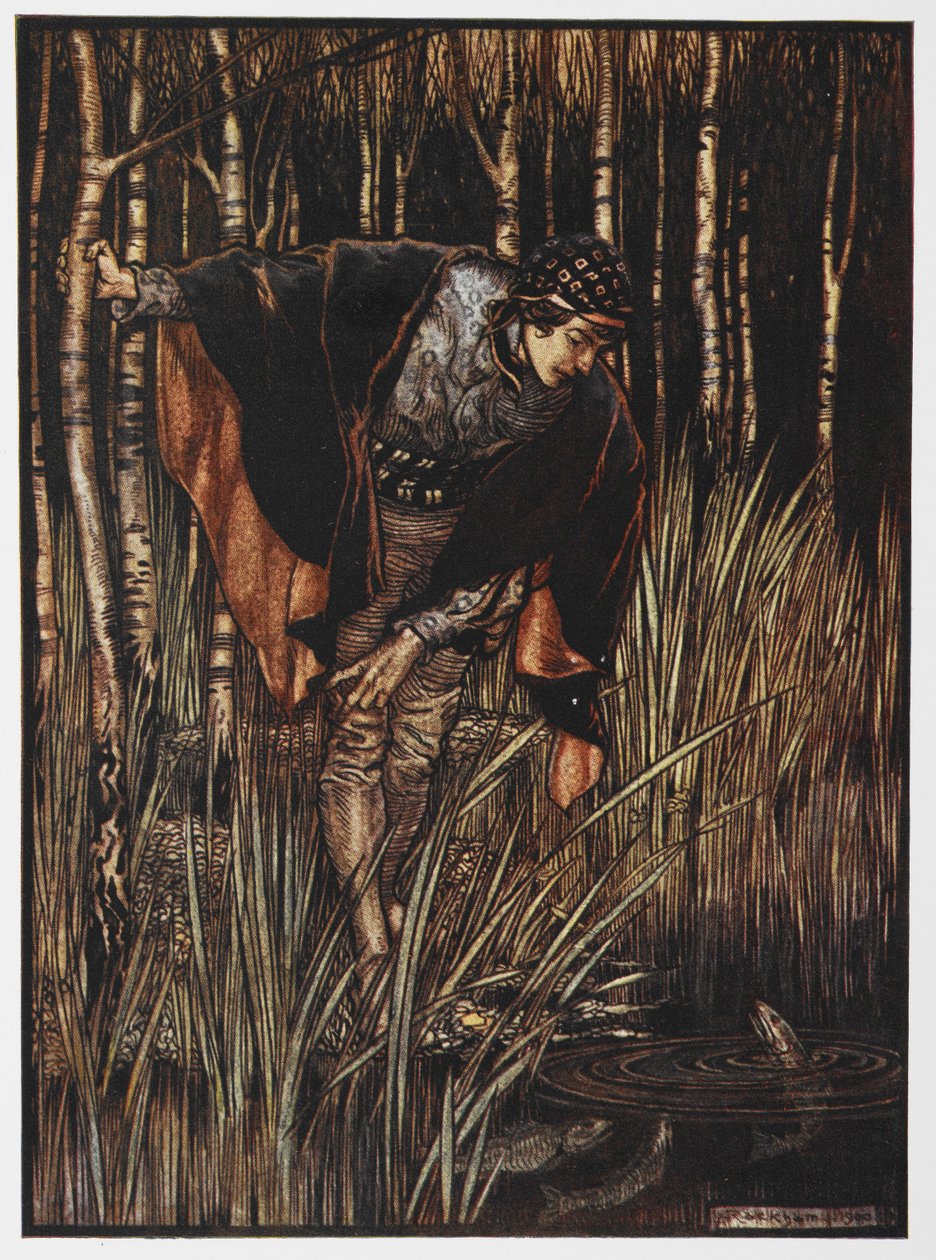 Illustratie van een jongeling bij een vijver uit De Witte Slang door Arthur Rackham