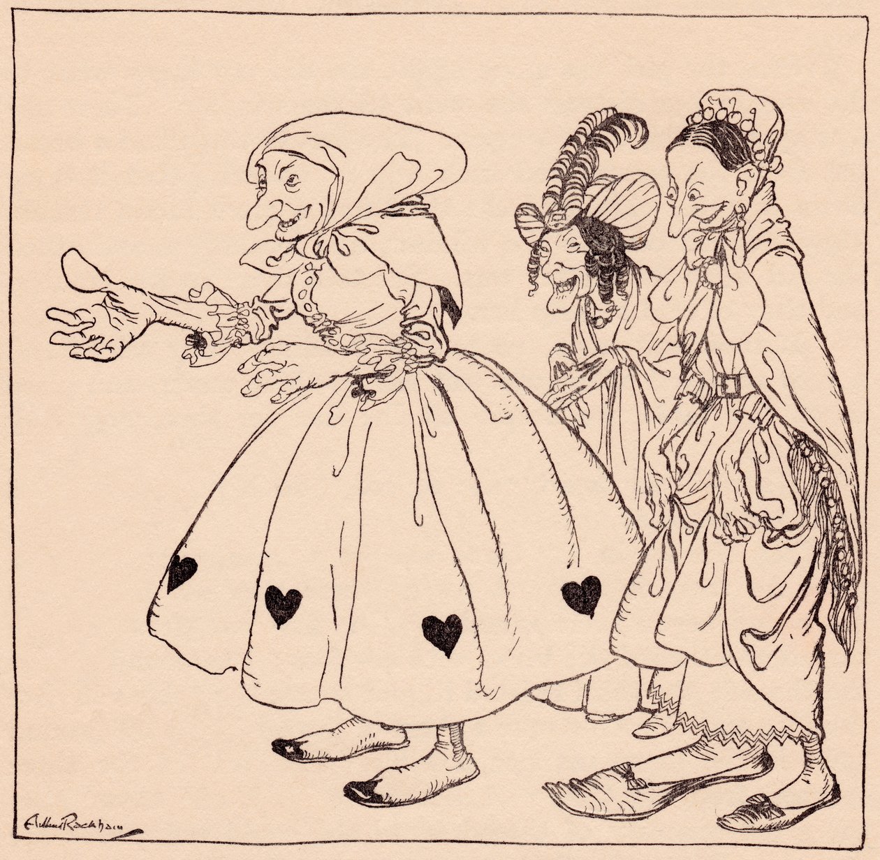Binnen kwamen de drie vrouwen gekleed in de vreemdste mode. Illustratie door Arthur Rackham uit Grimm