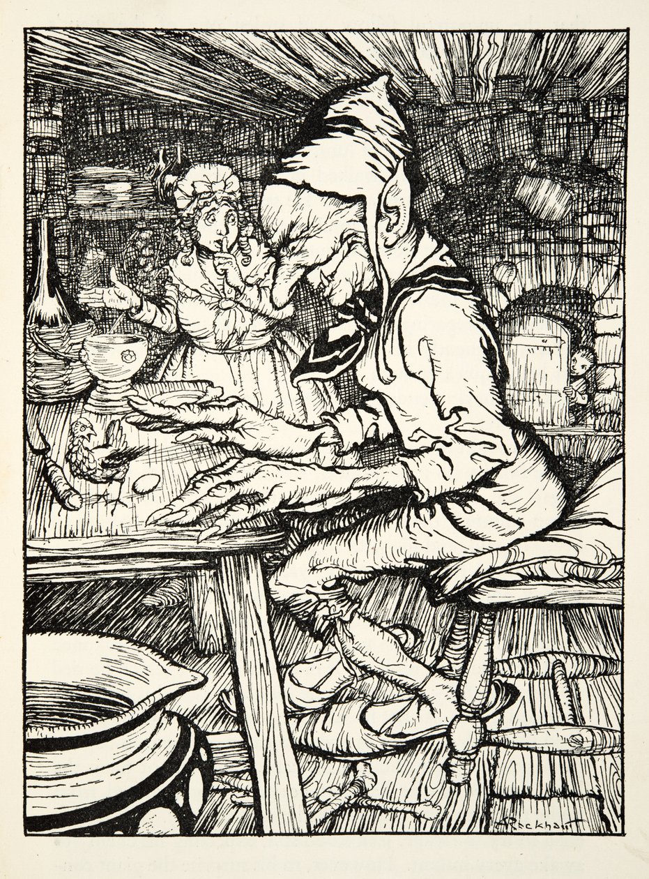 Leg!, brulde de reus en toen legde de hen onmiddellijk een ei van massief goud, uit The Arthur Rackham Fairy Book, gepubliceerd 1933 door Arthur Rackham