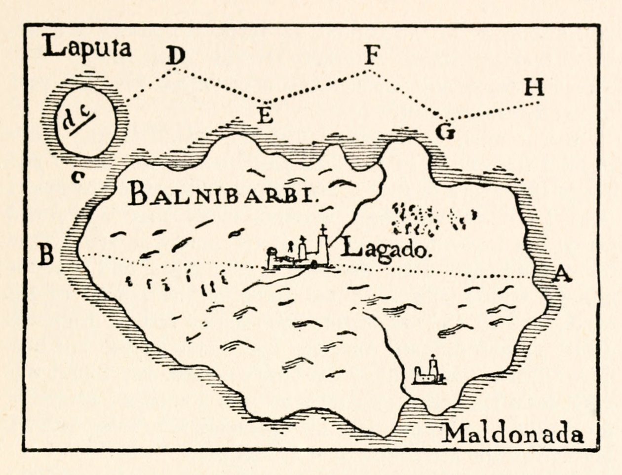Kaart van Laputa (vliegend eiland rechtsboven) en Balnibarbii (hoofdpoort Maldonada), uit Deel III: Een reis naar Laputa, Balnibarbi, Luggnagg, Glubbdubdrib en Japan in Gullivers Reizen door Jonathan Swift door Arthur Rackham