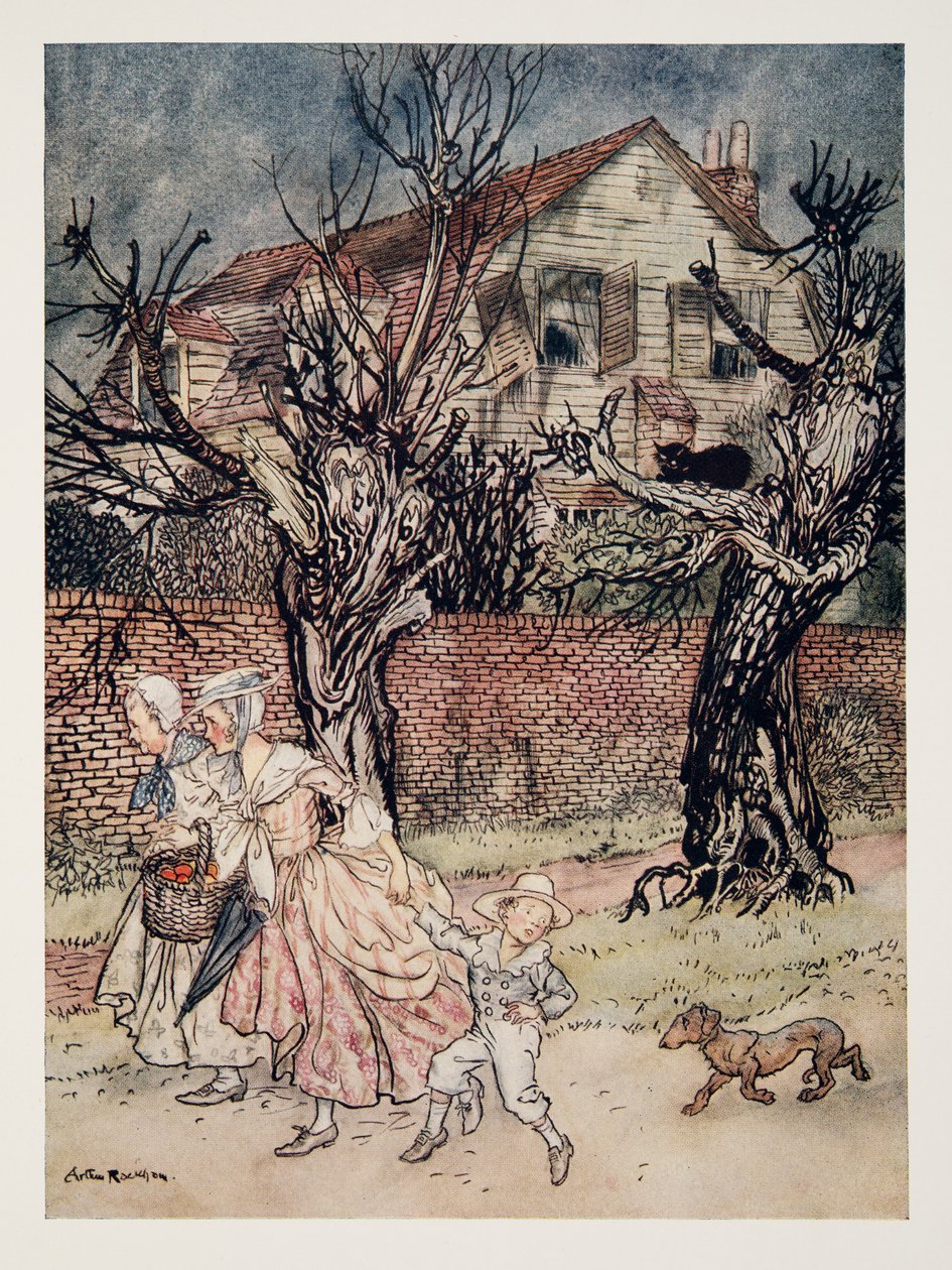 Wonderbaarlijke verhalen van spookvelden, spookbeken en spookhuizen, uit De Legende van Sleepy Hollow door Washington Irving (1783 - 1859), pub. 1928 door Arthur Rackham