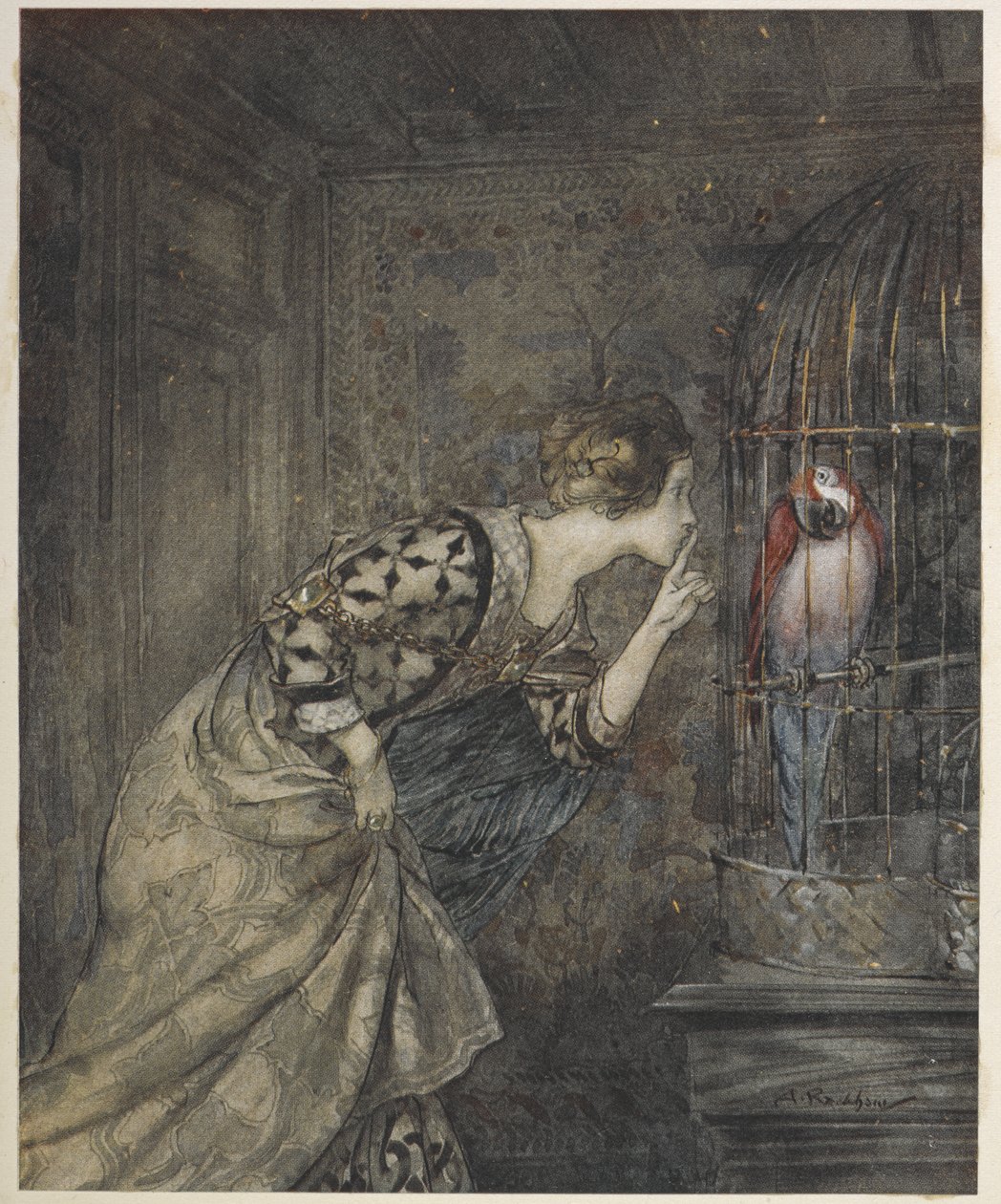 May Colvin en een papegaai in een kooi. door Arthur Rackham