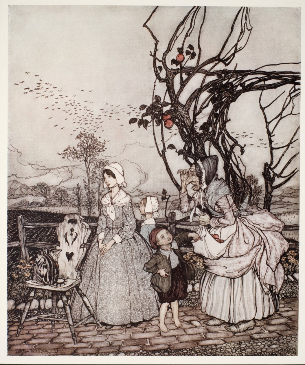 Moeder en kinderen komen terug van het appels plukken, uit Rip Van Winkle door Washington Irving, pub. 1910 door Arthur Rackham