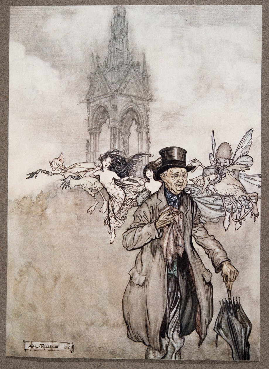 Oude meneer Salford was een krabappel van een oude heer die de hele dag door de tuinen dwaalde, uit Peter Pan in Kensington Gardens door J M Barrie (1860 - 1937), pub. 1906 door Arthur Rackham