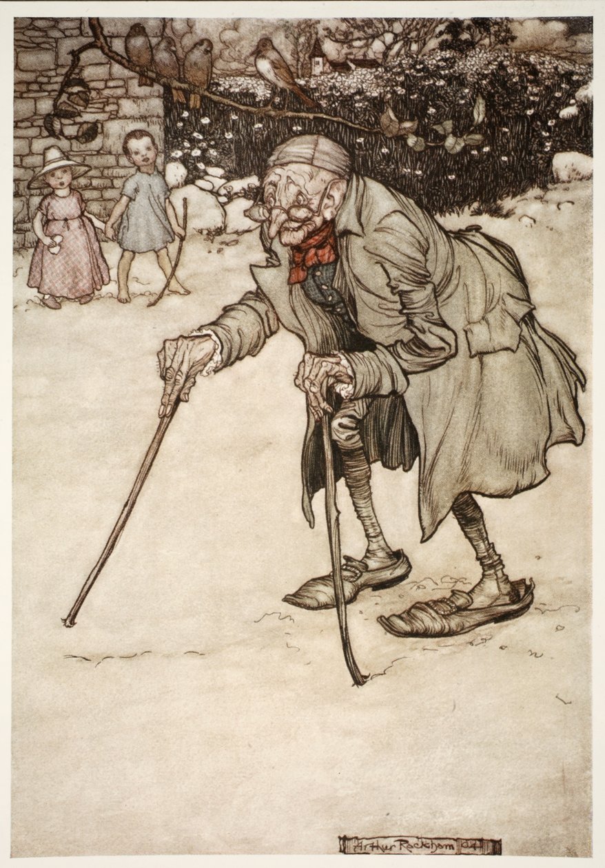 Oude man met twee stokken, uit Rip Van Winkle door Washington Irving, pub. 1910 door Arthur Rackham