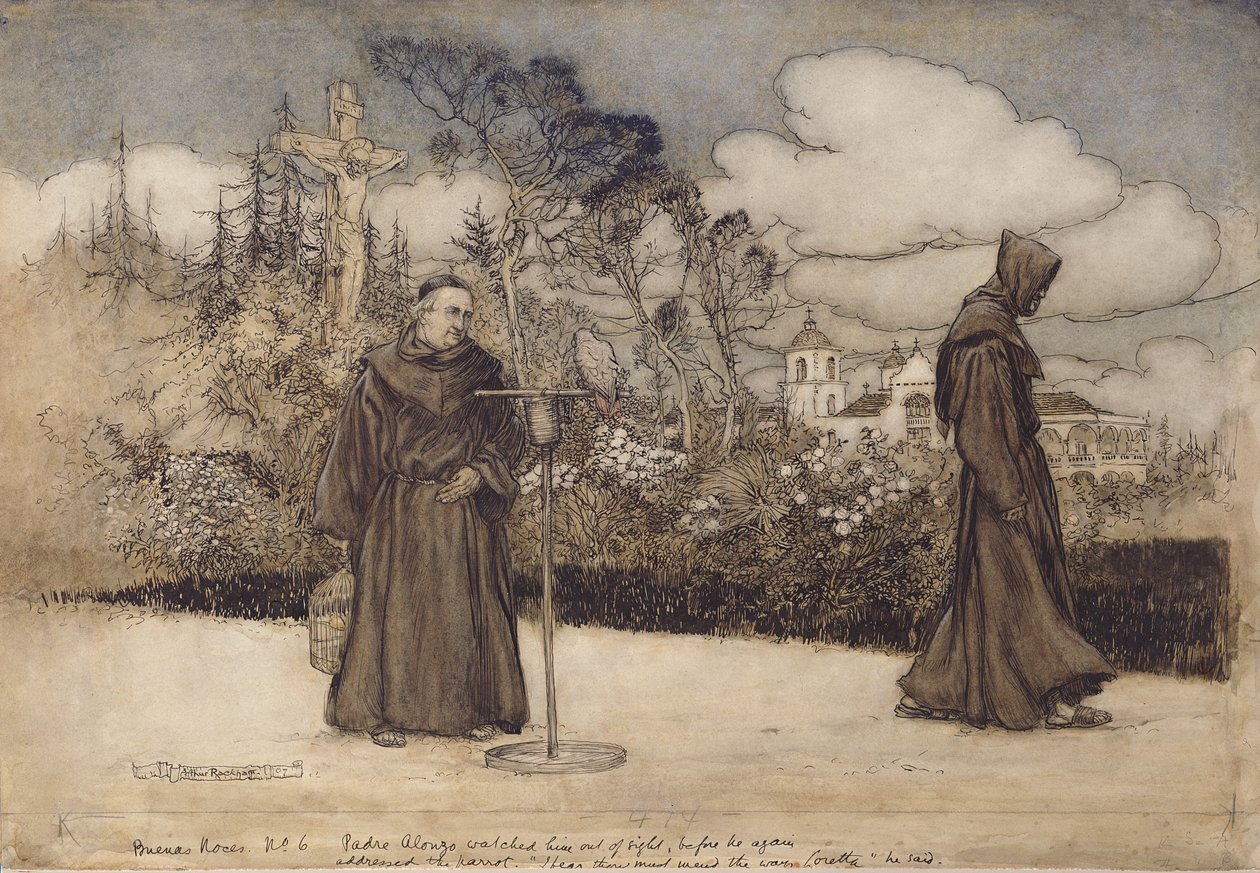 Padre Alonzo keek hem na, illustratie uit Goedenacht door Eleanor Gates, 1907 door Arthur Rackham