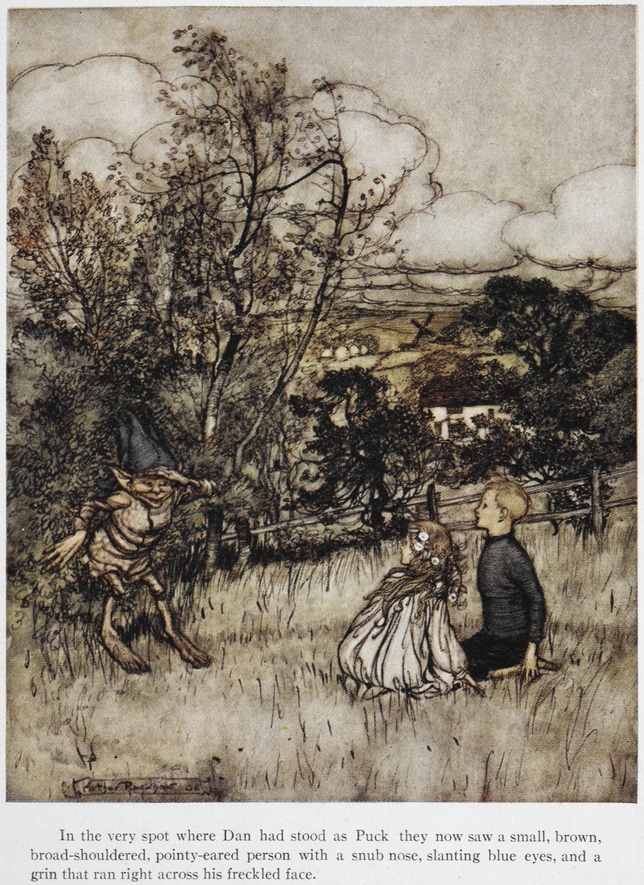 Puck verschijnt aan Dan en Una. Een verhaal dat zich afspeelt in de heuvels van Sussex. door Arthur Rackham