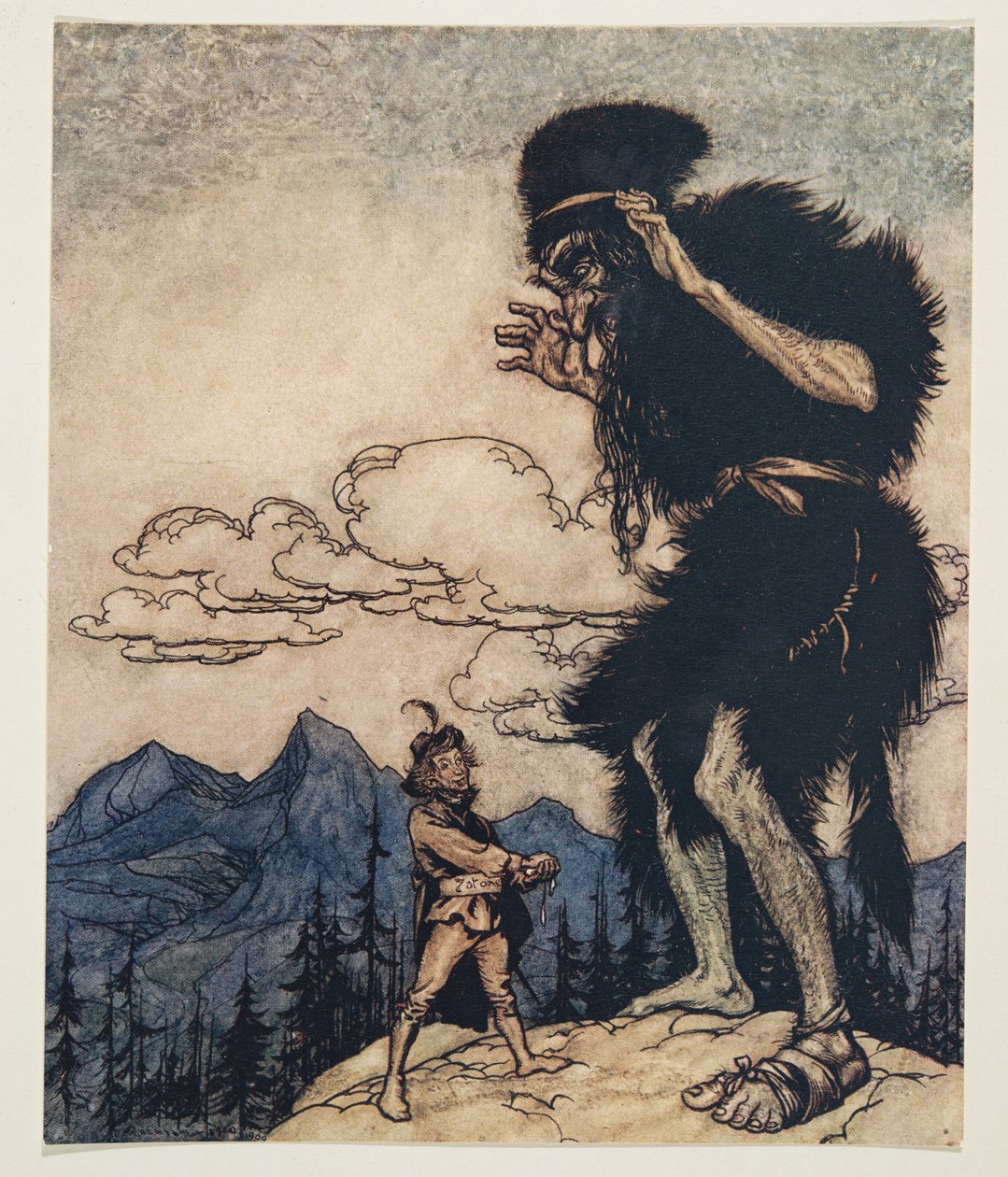 Hij haalde het stuk zachte kaas uit zijn zak en kneep erin tot het vocht eruit liep, uit De Sprookjes van de Gebroeders Grimm, uitgegeven 1909 door Arthur Rackham
