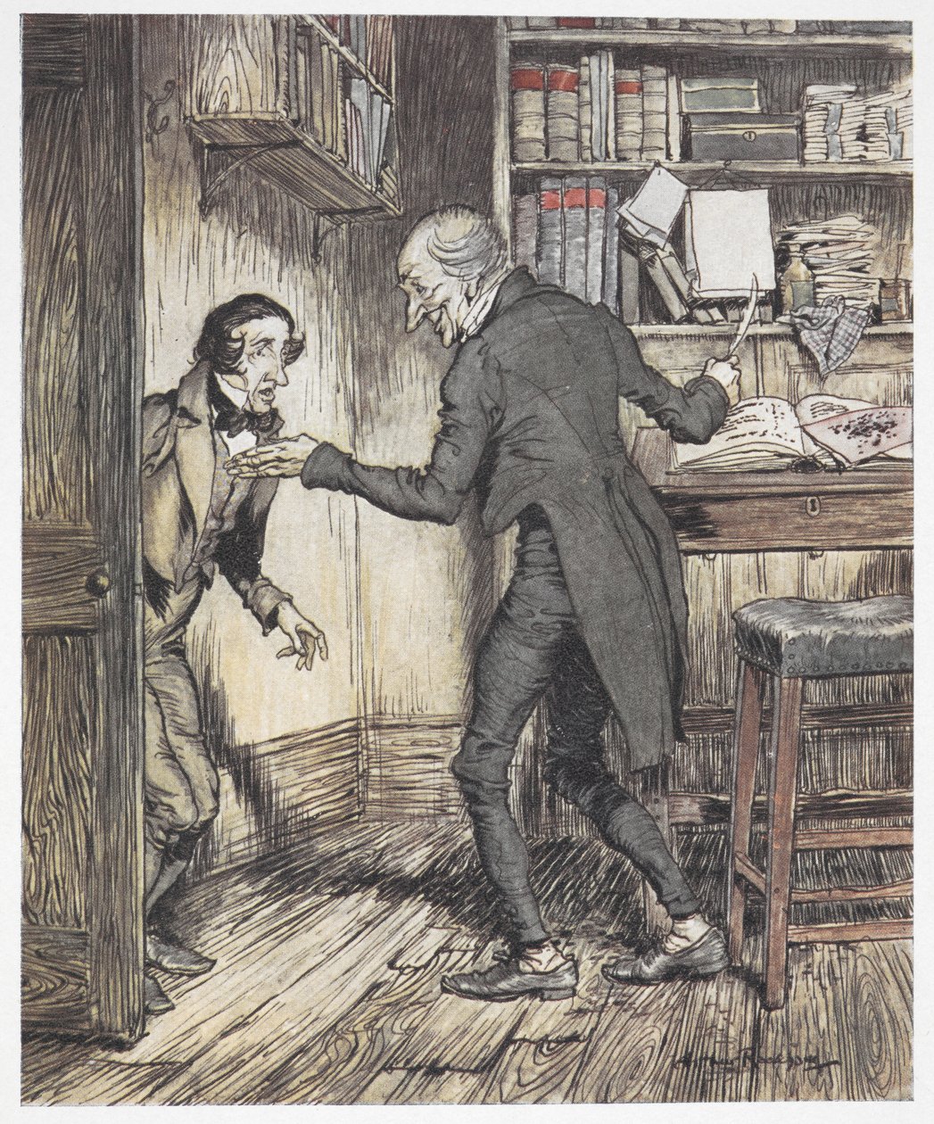 Scrooge schrijft in zijn kantoor terwijl een andere man binnenkomt door Arthur Rackham