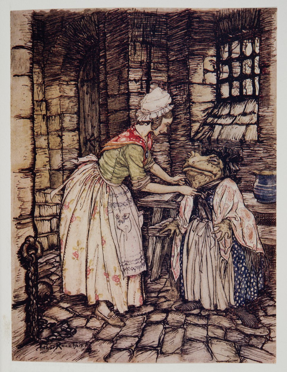 Ze schikte de sjaal met een professionele plooi en knoopte de touwtjes van de roestige bonnet onder zijn kin, uit Wind in the Willows van Kenneth Grahame, pub. 1940 door Arthur Rackham