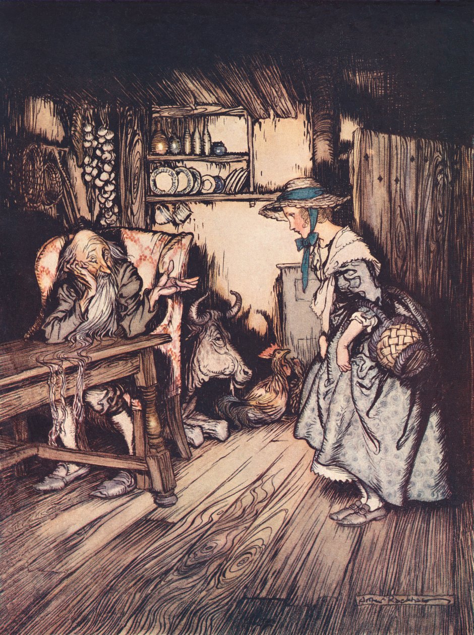 Ze smeekte heel mooi om daar de nacht te mogen doorbrengen. Illustratie door Arthur Rackham uit Grimm