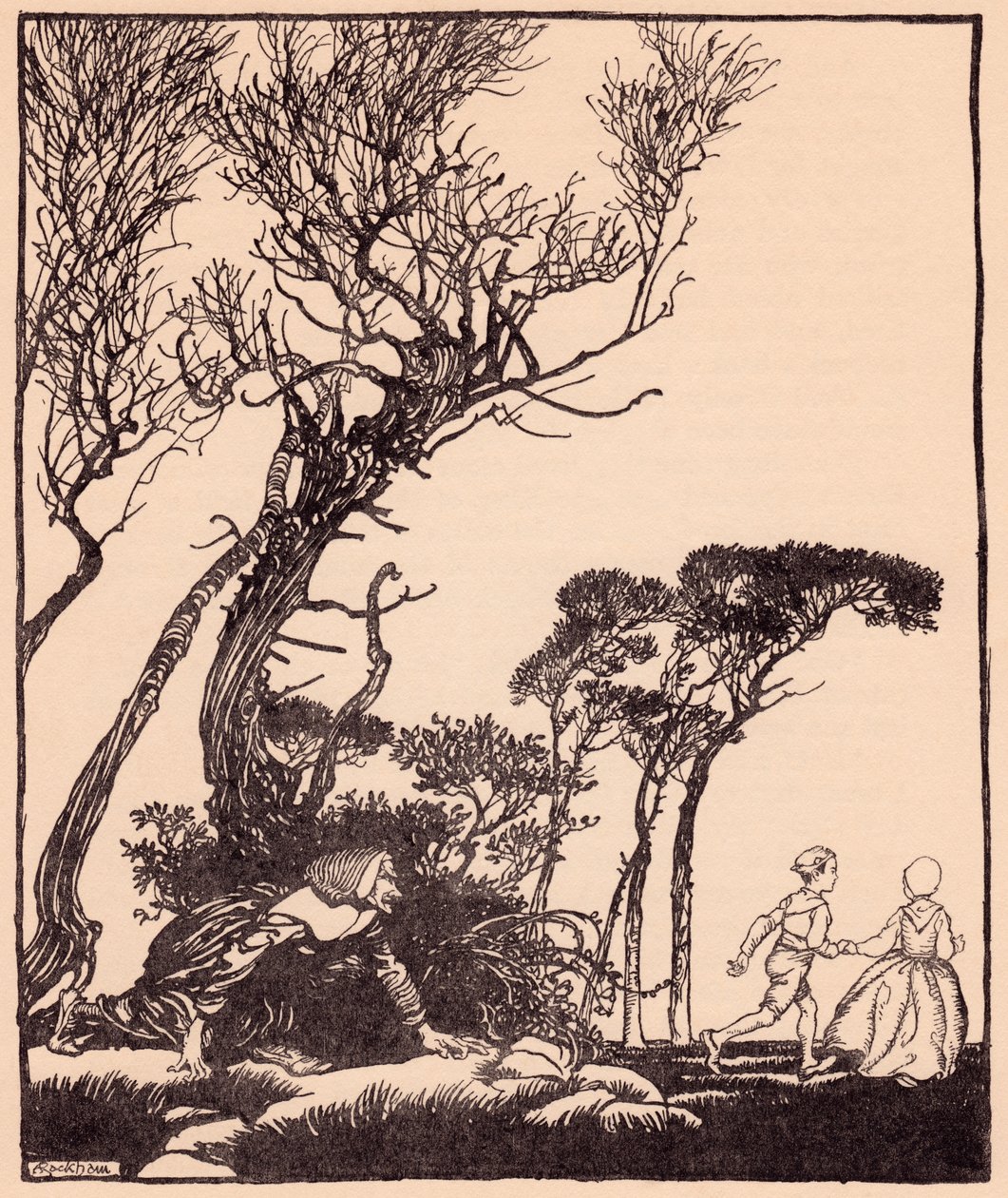 Ze kroop hen stiekem achterna, zoals heksen kruipen. Illustratie door Arthur Rackham uit Grimm