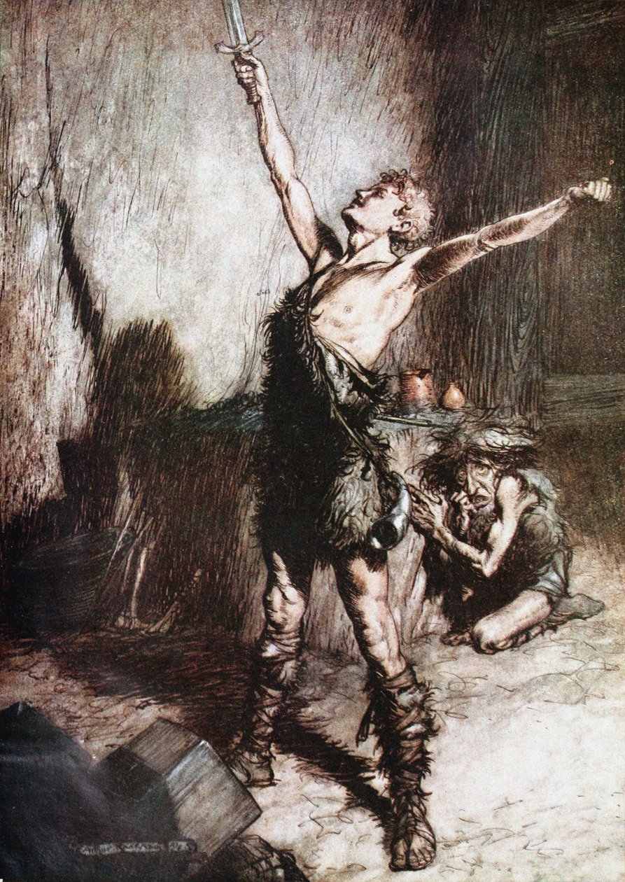 Siegfried smeedt zijn zwaard. Illustratie voor Siegfried en De Schemering der Goden door Richard Wagner door Arthur Rackham