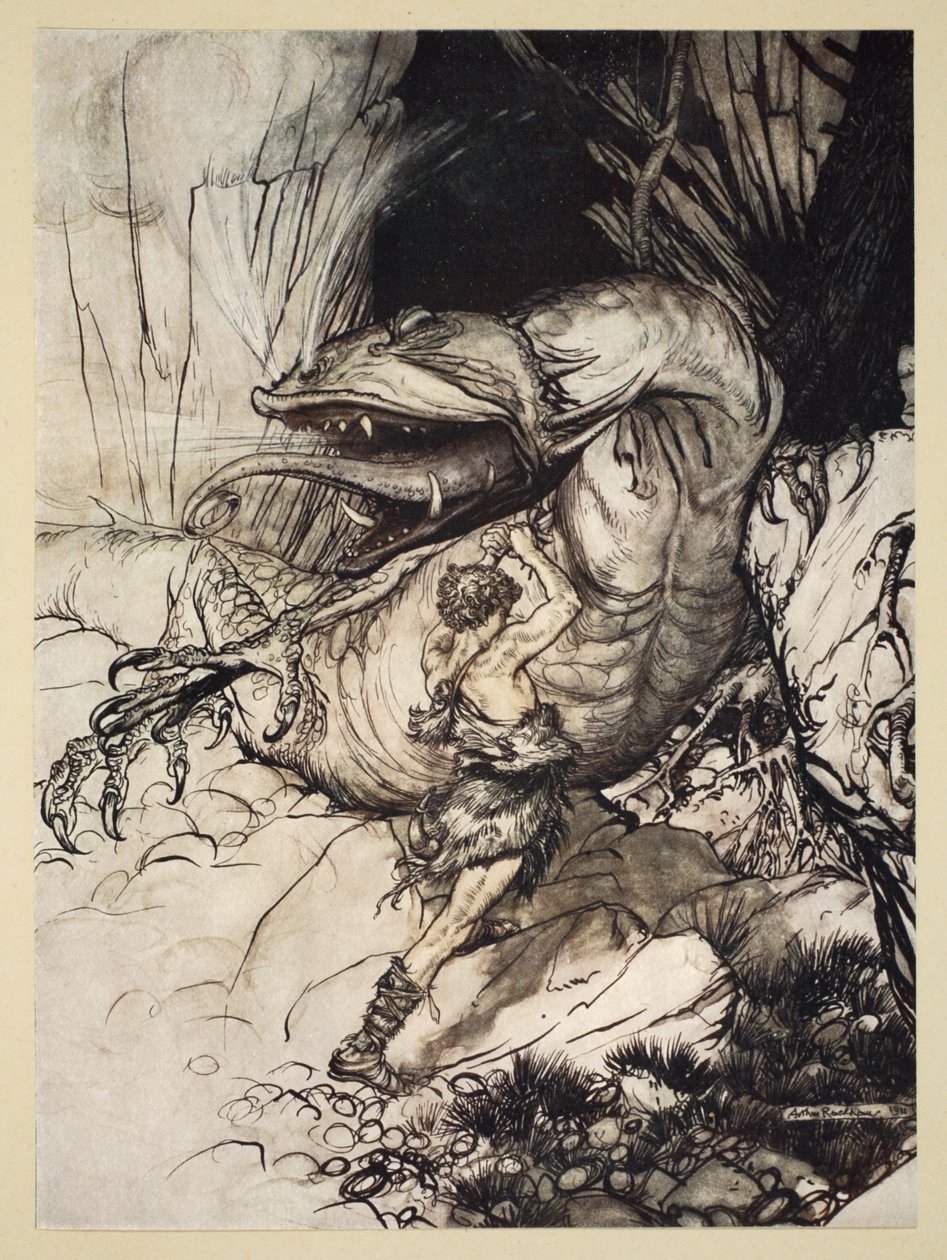 Siegfried doodt Fafner, illustratie uit 
