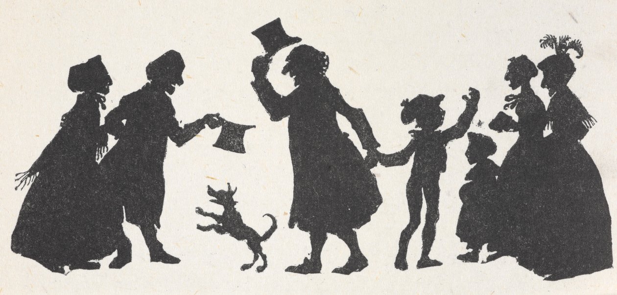 Silhouet van een jonge jongen en een man die mensen begroeten op weg naar huis van de kerk. door Arthur Rackham