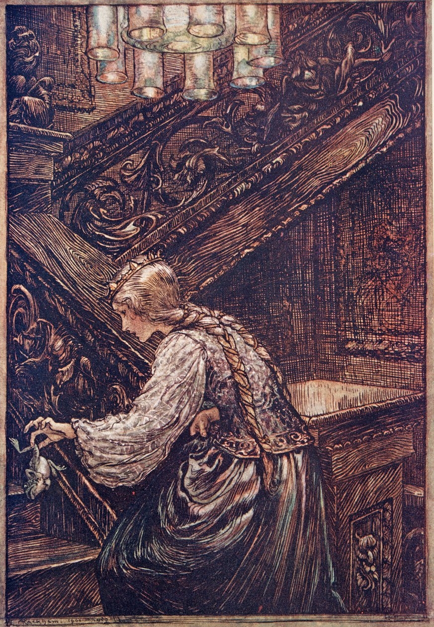 Dus pakte ze hem met twee vingers en droeg hem naar boven, uit De Sprookjes van de Gebroeders Grimm, pub. 1909 door Arthur Rackham