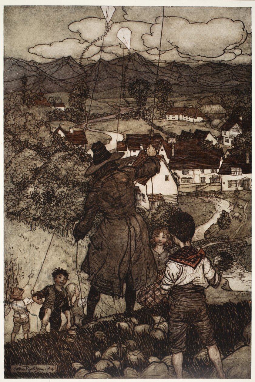 Leerde hen vliegers oplaten., uit Rip Van Winkle door Washington Irving, uitgegeven 1910 door Arthur Rackham