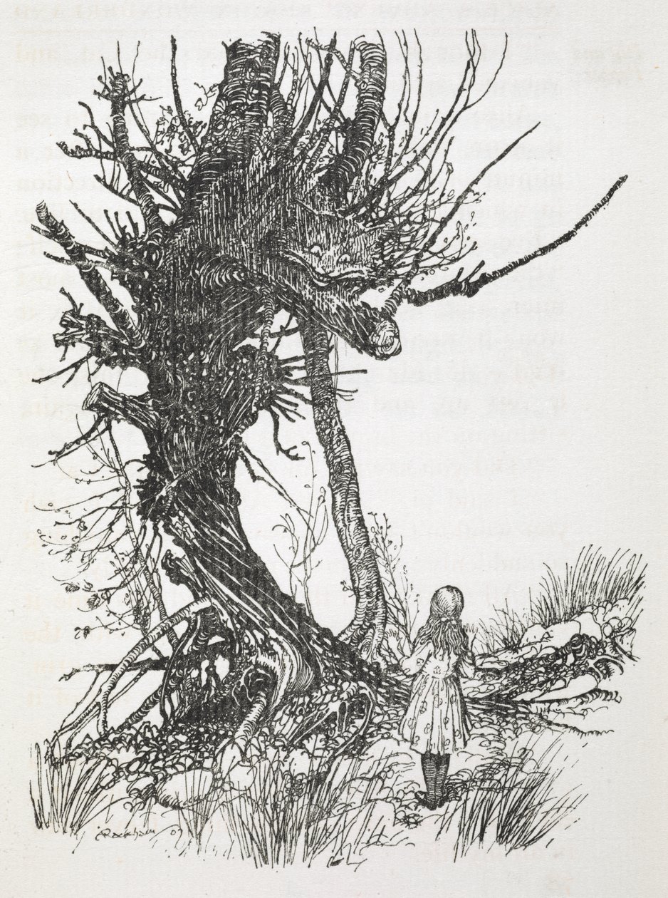 De Cheshire Cat in een boom die naar Alice kijkt door Arthur Rackham