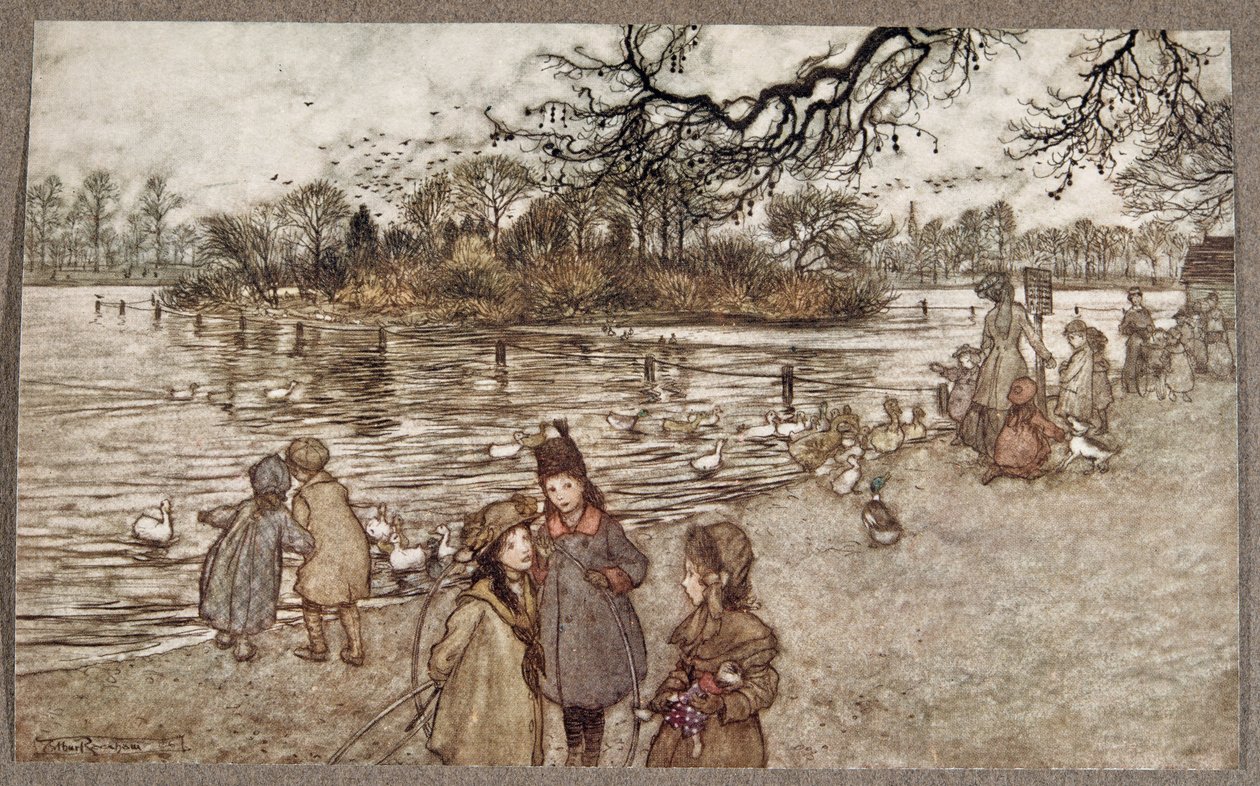 Het eiland waarop alle vogels worden geboren die babyjongens en -meisjes worden, uit Peter Pan in Kensington Gardens door J M Barrie (1860 - 1937), pub. 1906 door Arthur Rackham