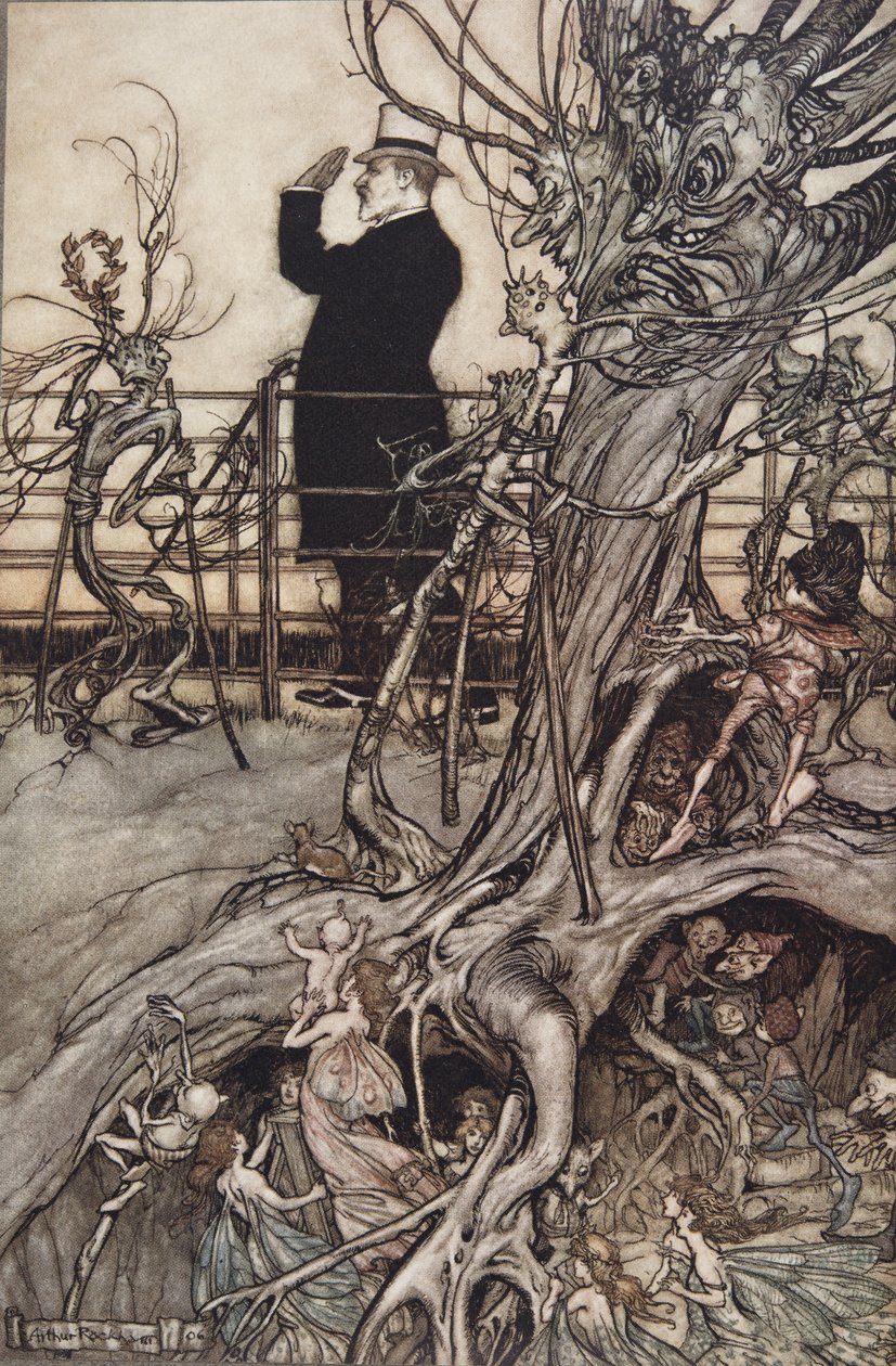 De Kensington Gardens zijn in Londen, waar de Koning woont, uit Peter Pan in Kensington Gardens door J M Barrie, uitgegeven 1906 door Arthur Rackham