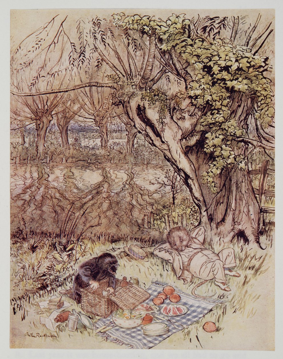 De Mol smeekte als een gunst om alles zelf uit te mogen pakken, uit Wind in the Willows van Kenneth Grahame, pub. 1940 door Arthur Rackham