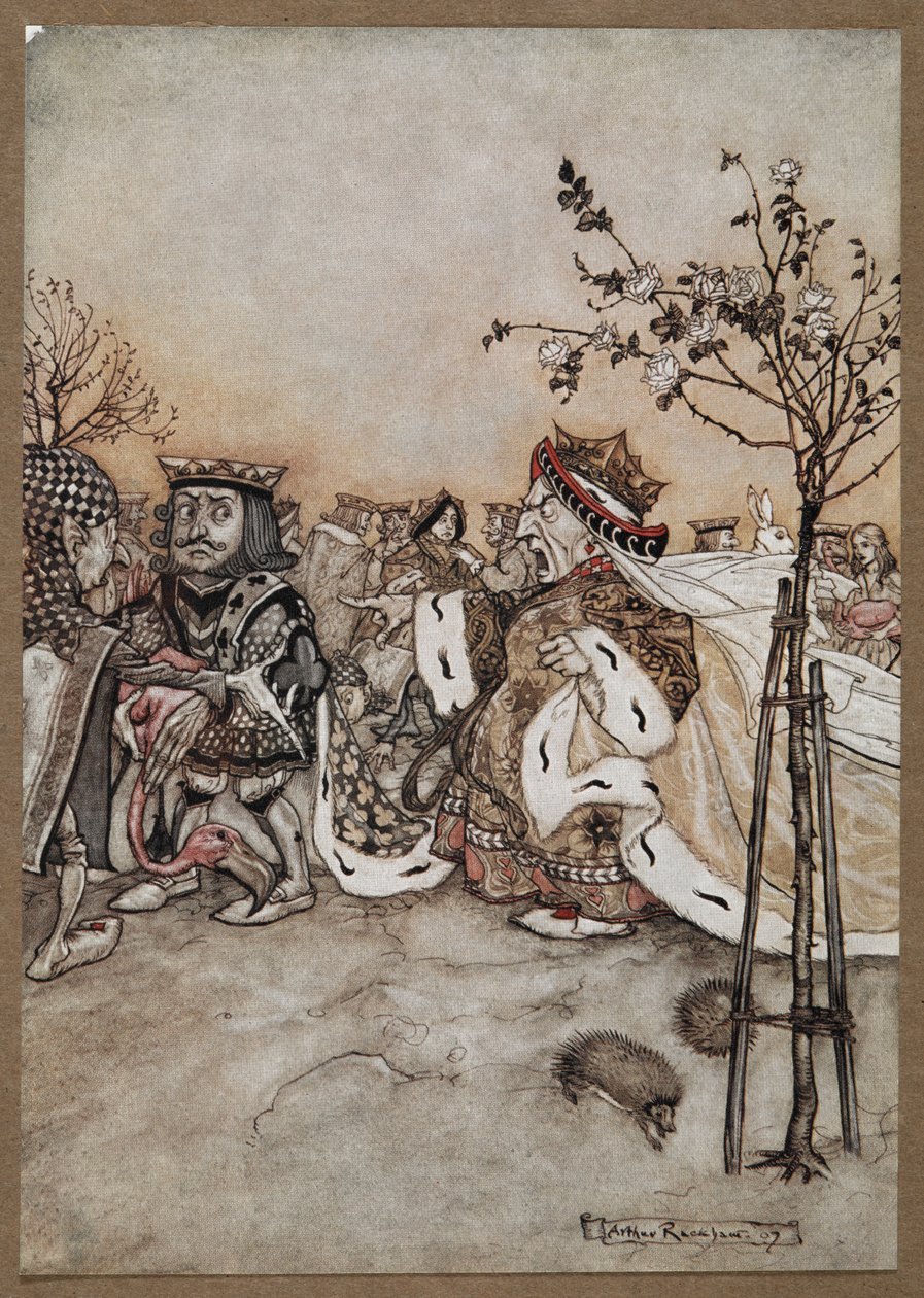 De Hartenkoningin schreeuwt boos na het spel croquet door Arthur Rackham