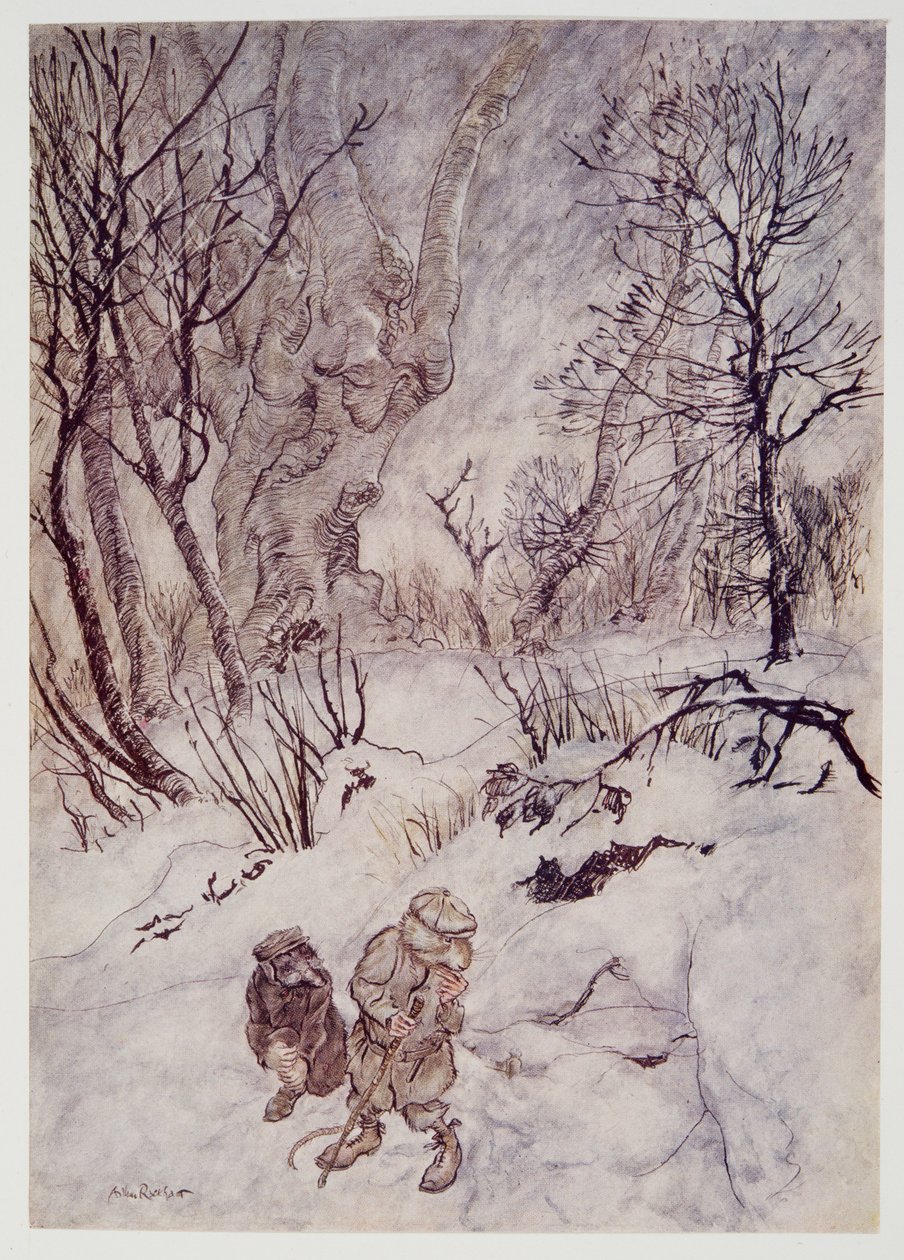 De Rat dacht even na en onderzocht de bulten en hellingen die hen omringden, uit Wind in the Willows van Kenneth Grahame, pub. 1940 door Arthur Rackham