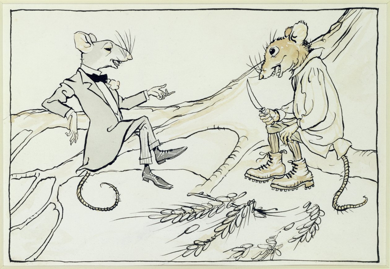 De stadsmuis en de veldmuis, illustratie uit Aesops Fabels, gepubliceerd 1912 door Arthur Rackham