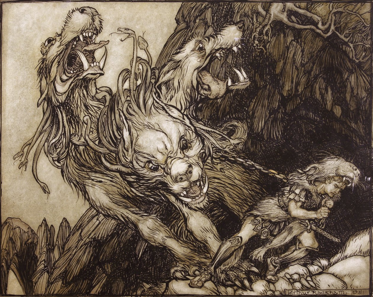 De Twaalfde Arbeid van Hercules, illustratie uit De Griekse Helden door B.G. Niebuhr, 1903 door Arthur Rackham